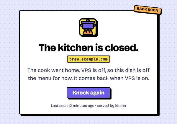 The kitshn offline page: “The kitchen is closed.” with the site, the reason and a Knock again button